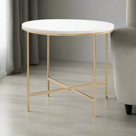 24 Inch Side End Table, Rounded Marble Surface, Sleek Gold Metal Frame By Casagear Home