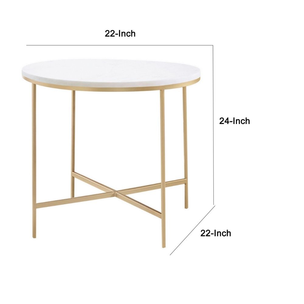 24 Inch Side End Table Rounded Marble Surface Sleek Gold Metal Frame By Casagear Home BM294821