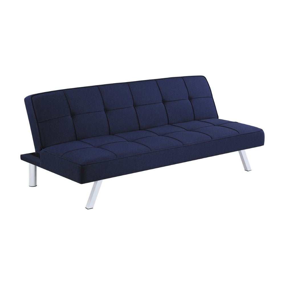 Maya 69 Inch Sofa Bed Futon, Tufted Blue Linen Like Fabric, Chrome Legs By Casagear Home