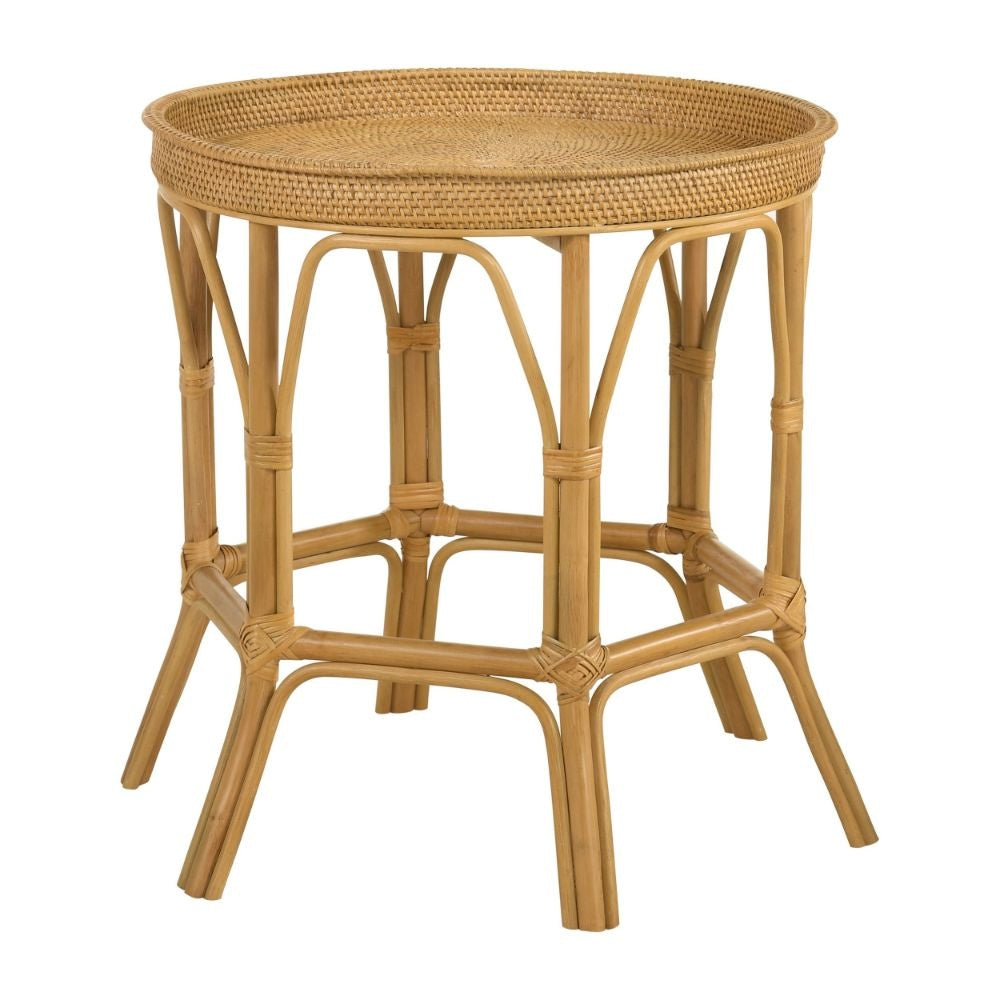 Raya 26 Inch Accent Table, Round Woven Rattan Tray Top, Natural Brown Color By Casagear Home