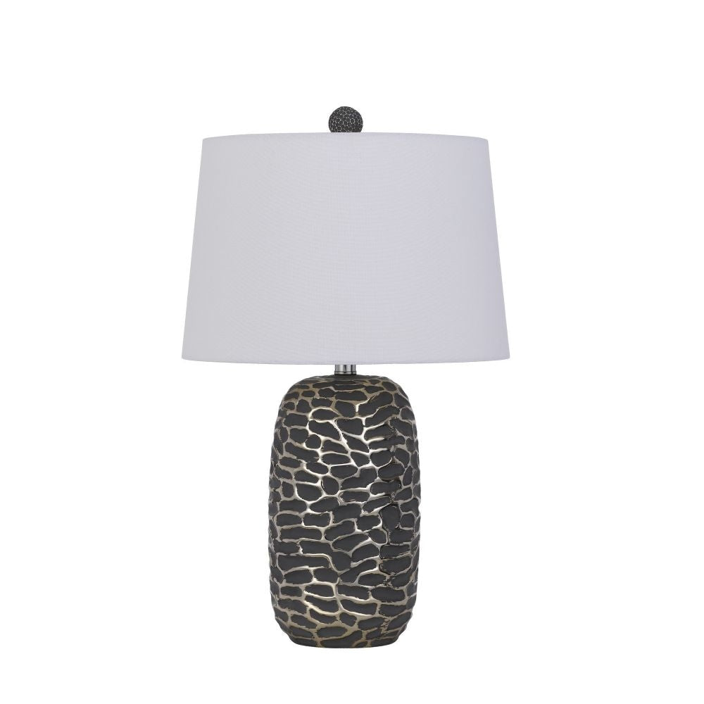 25 Inch Oval Table Lamp Set of 2 White Fabric Drum Shade Black Silver By Casagear Home BM295946