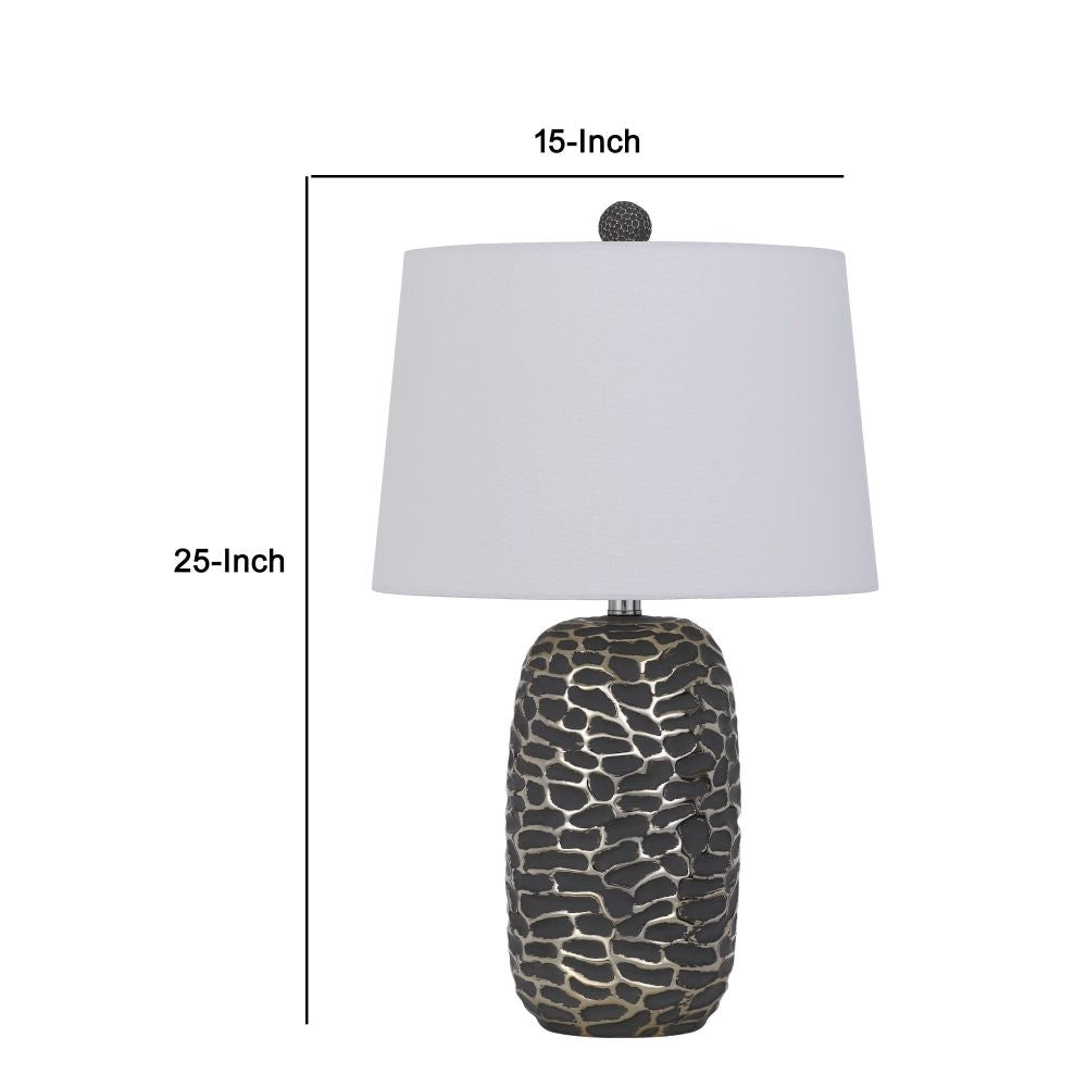 25 Inch Oval Table Lamp Set of 2 White Fabric Drum Shade Black Silver By Casagear Home BM295946