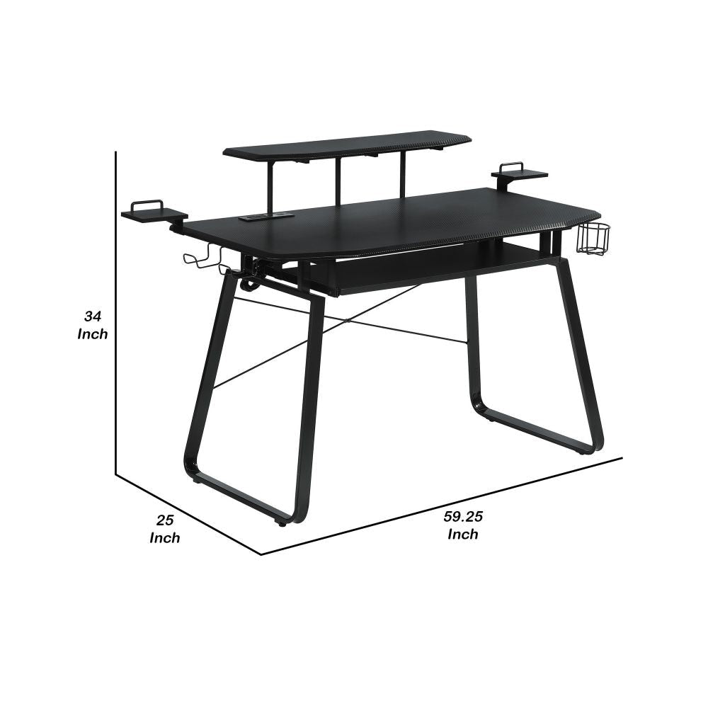 59 Inch Gaming Desk Shelves and Tray USB Ports and AC Outlets Gray Metal By Casagear Home BM296110