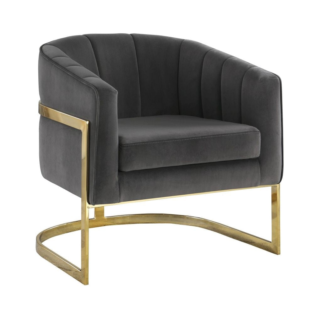 30 Inch Barrel Foam Accent Chair, Brushed Gold Floating Base, Gray Velvet By Casagear Home