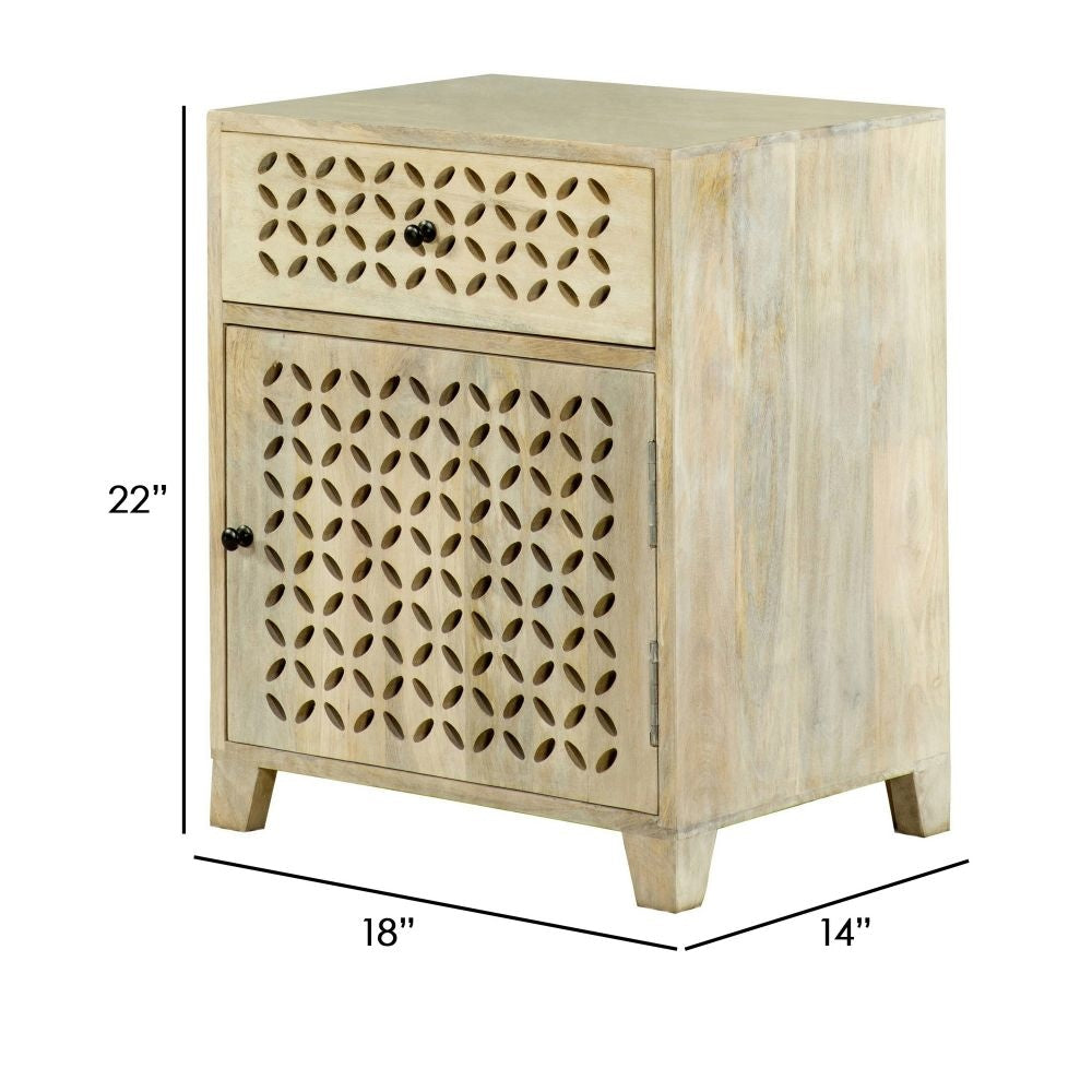 22 Inch 1 Drawer Accent Cabinet Lattice Cut Outs on Front Whitewash Wood By Casagear Home BM296122