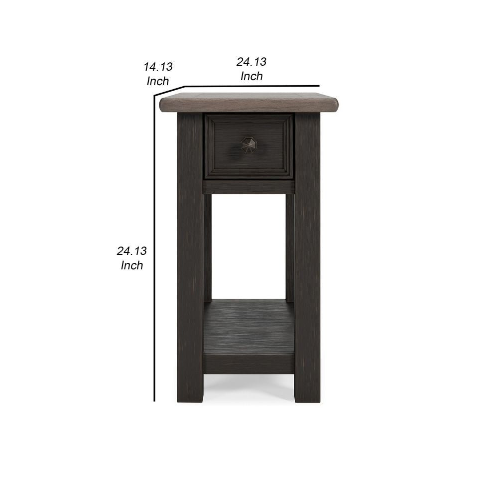 24 Inch Side End Table Black Wood Base Power Socket and USB Chargers By Casagear Home BM296518