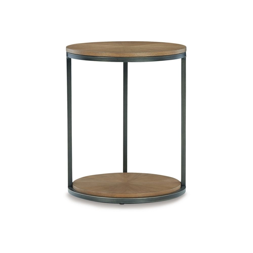 22 Inch Modern Side End Table Round Wood Top Black Metal Frame Brown By Casagear Home BM296550