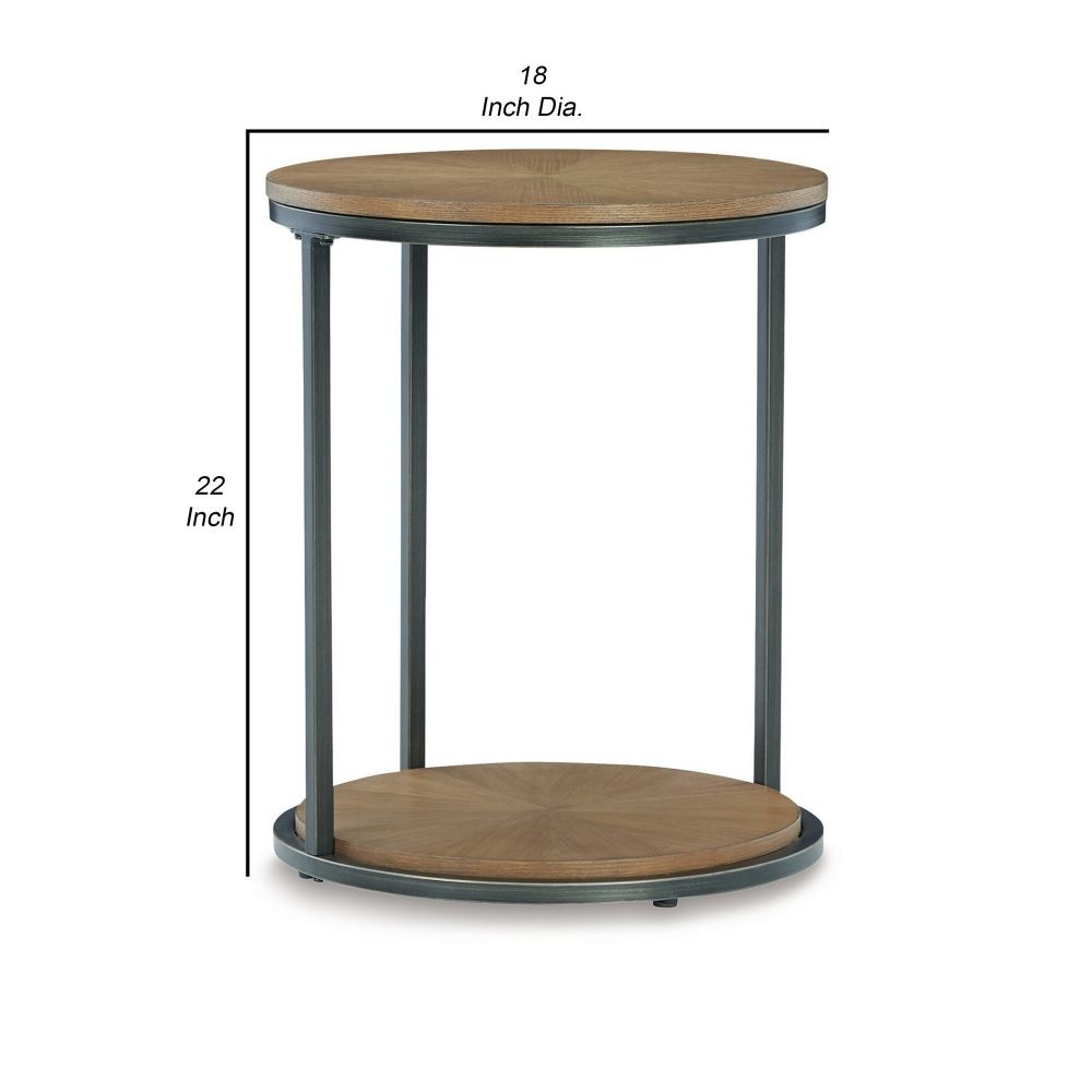 22 Inch Modern Side End Table Round Wood Top Black Metal Frame Brown By Casagear Home BM296550