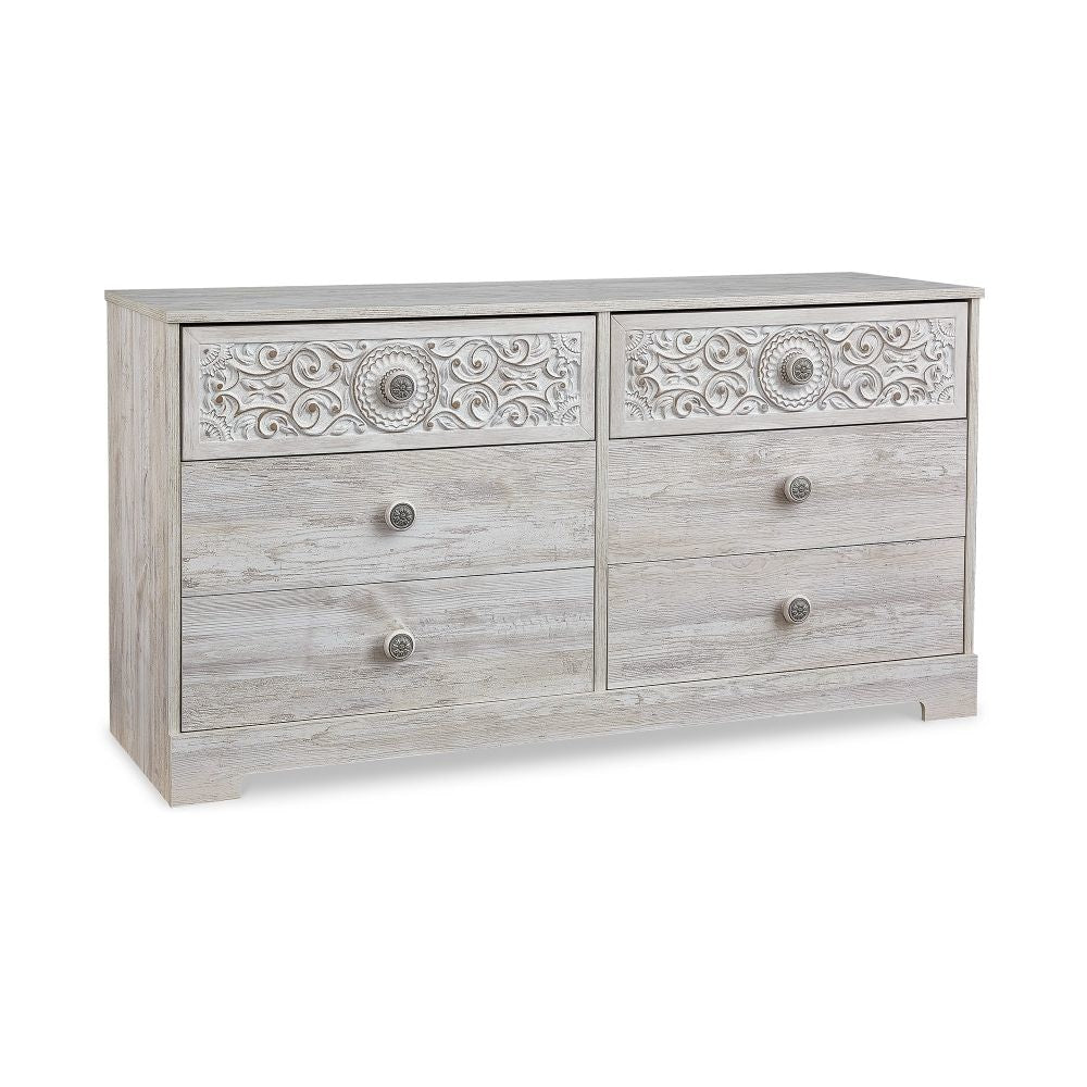 59 Inch Dresser, 6 Drawers, Medallion Design Front, Whitewashed MDF Frame By Casagear Home