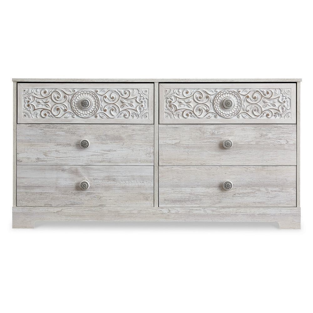 59 Inch Dresser 6 Drawers Medallion Design Front Whitewashed MDF Frame By Casagear Home BM296558