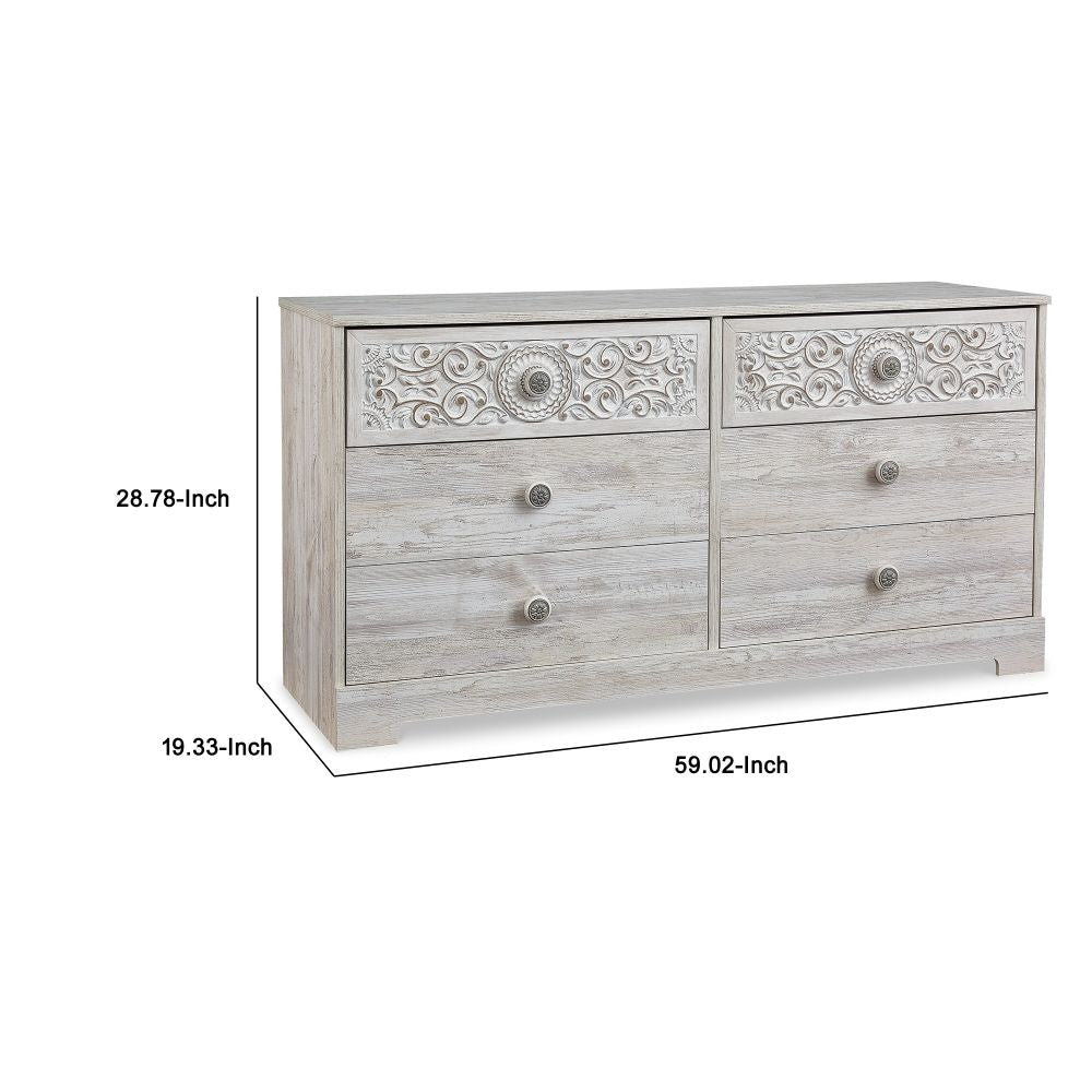 59 Inch Dresser 6 Drawers Medallion Design Front Whitewashed MDF Frame By Casagear Home BM296558