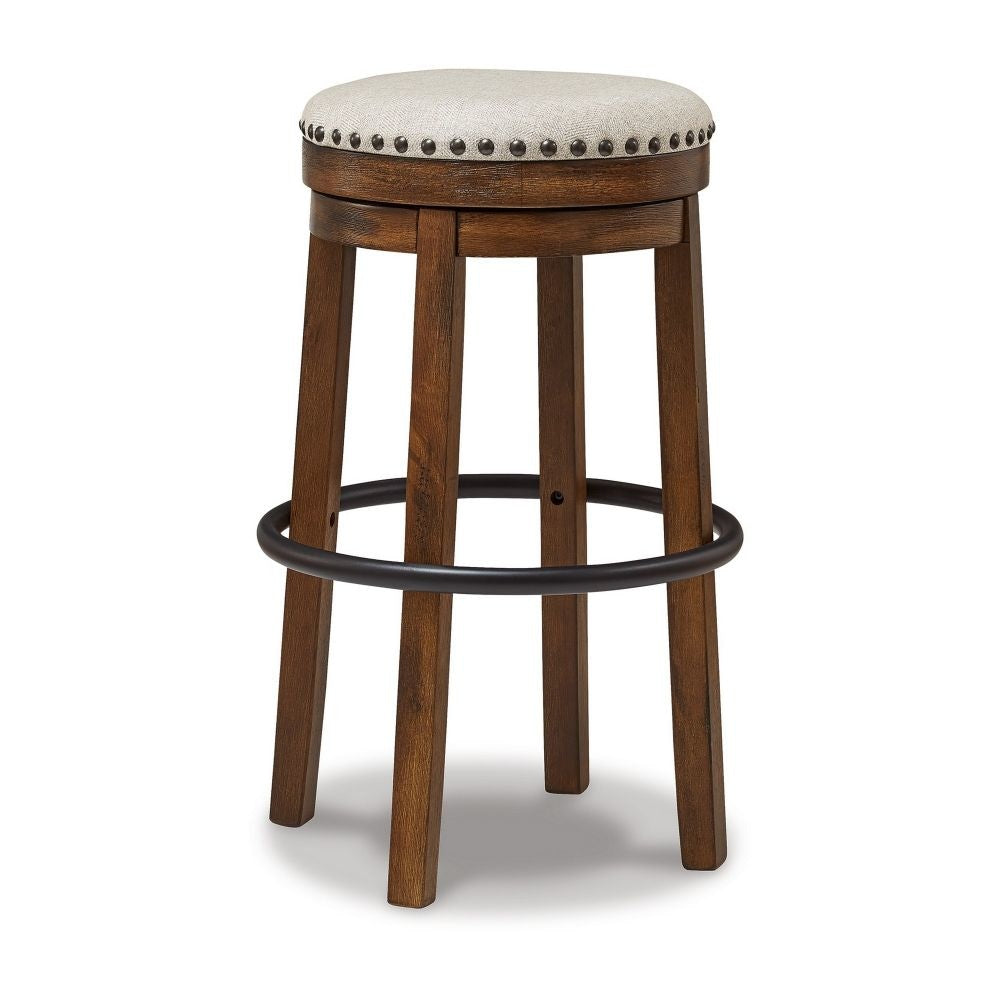 Zane 30 Inch Backless Swivel Barstool, Round Beige Seat, Brown Wood Frame By Casagear Home