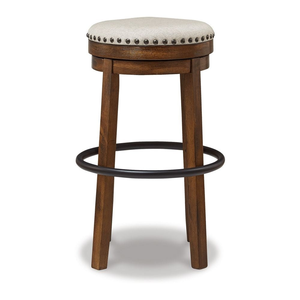 Zane 30 Inch Backless Swivel Barstool Round Beige Seat Brown Wood Frame By Casagear Home BM296563