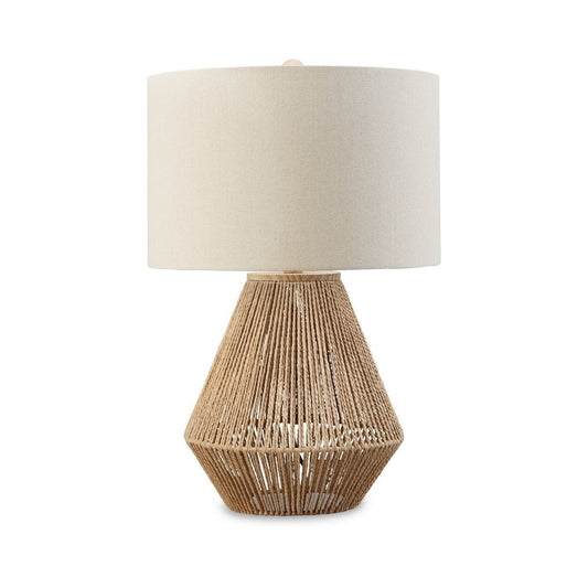 24 Inch Bohemian Table Lamp, Paper Rope, Hardback Fabric Shade, Brown By Casagear Home