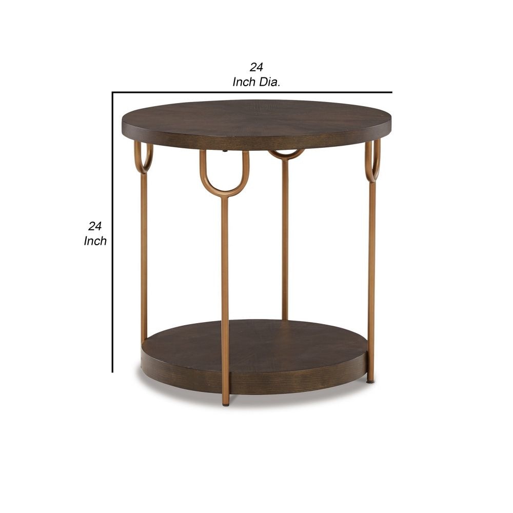 24 Inch Modern Round Side End Table Espresso Brown Wood Gold Metal Legs By Casagear Home BM296591