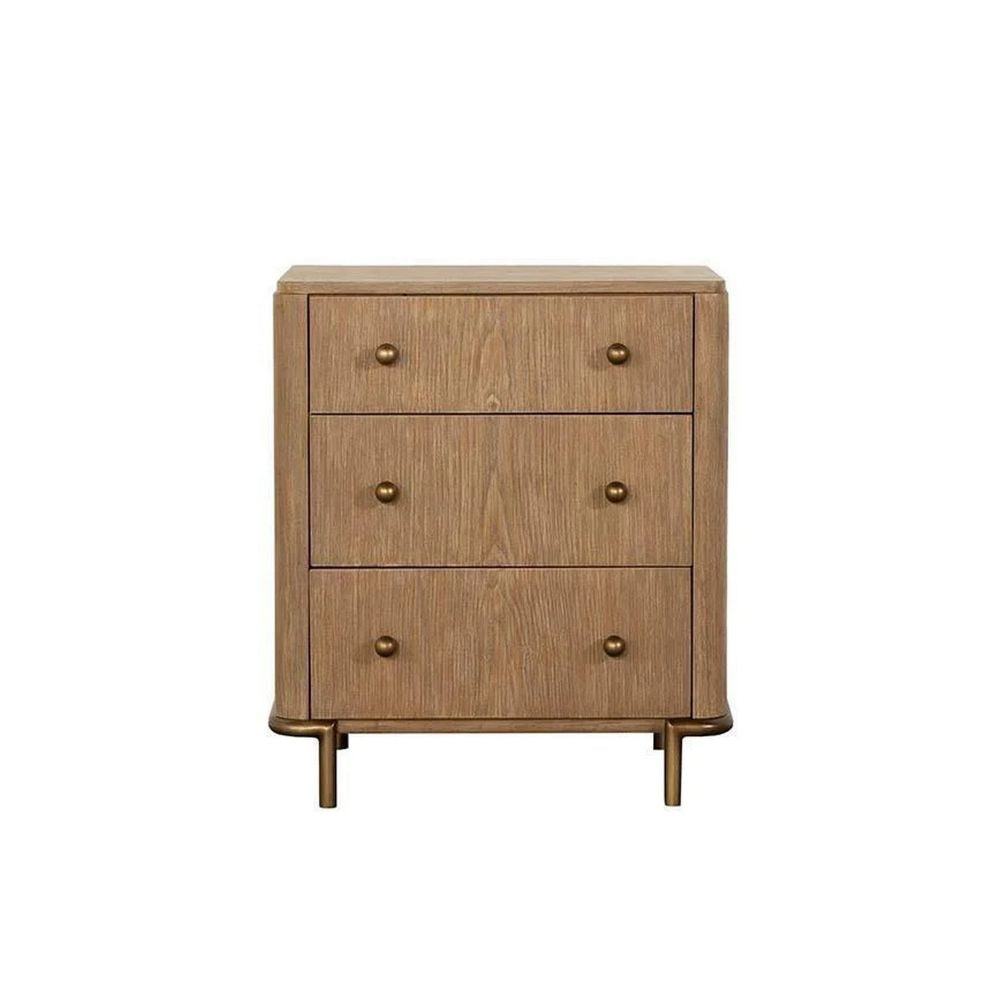 Hiz 29 Inch 3 Drawer Nightstand with Dual USB Ports, Brass Legs, Brown By Casagear Home