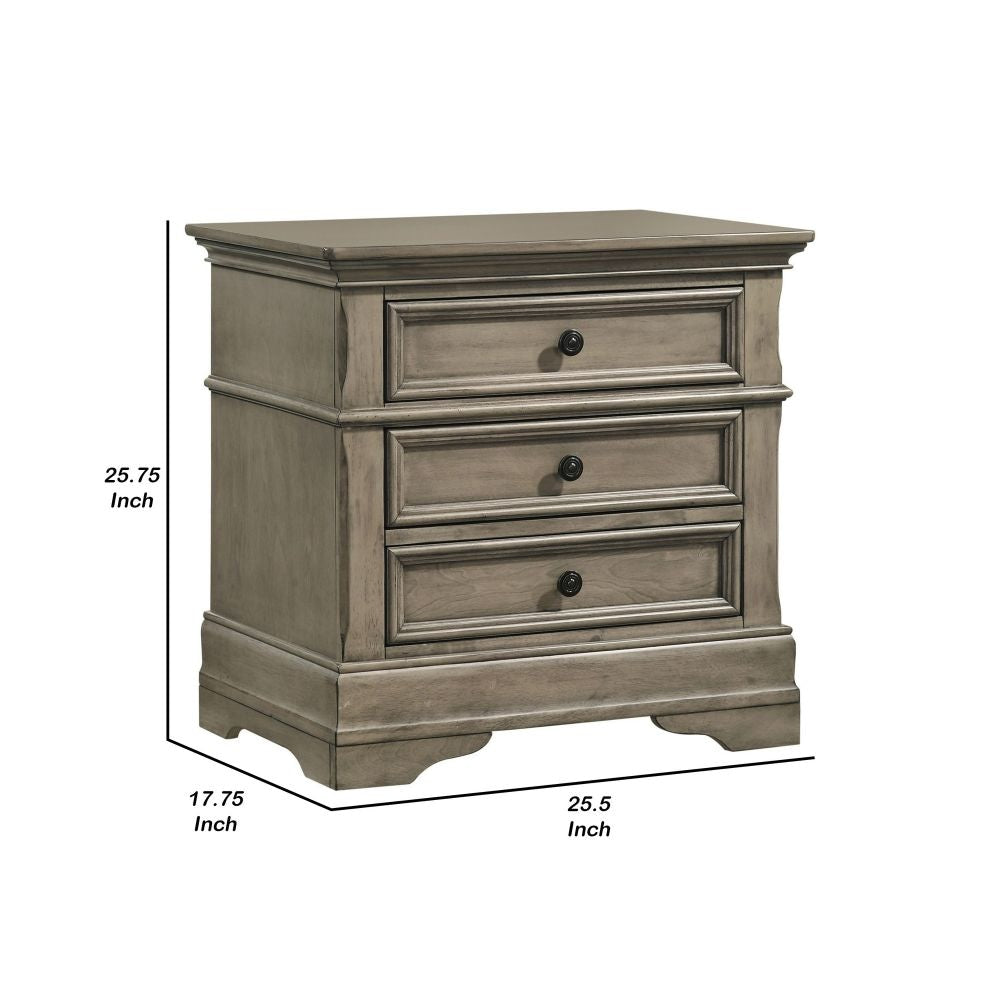 Ala 26 Inch 3 Drawer Nightstand Felt Lined Crown Molded Wheat Brown Wood By Casagear Home BM296648