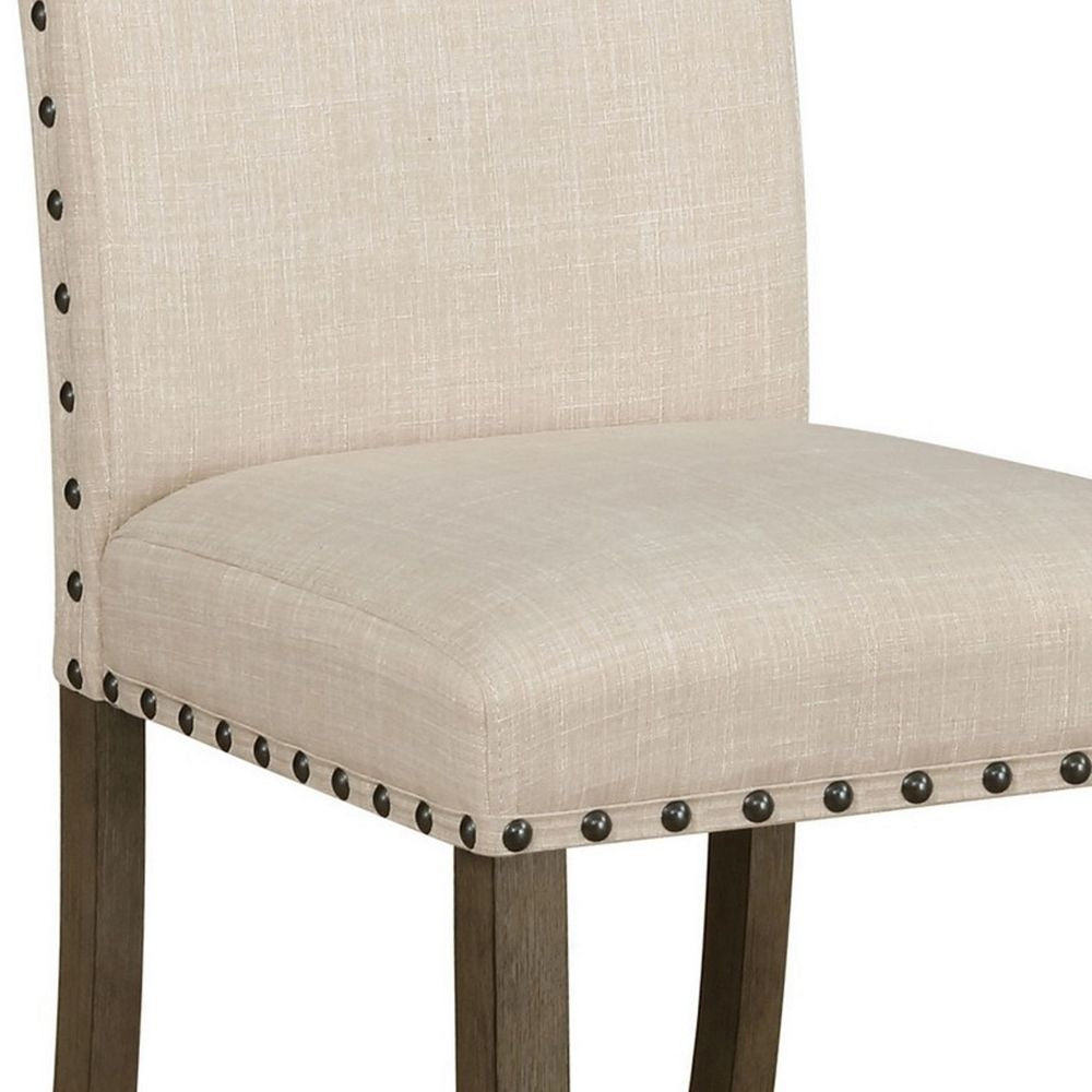 19 Inch Beige Fabric Dining Chair Set of 2 Rustic Brown Nailhead Trim By Casagear Home BM296720