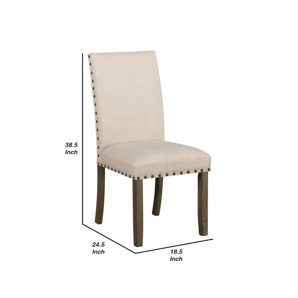 19 Inch Beige Fabric Dining Chair Set of 2 Rustic Brown Nailhead Trim By Casagear Home BM296720