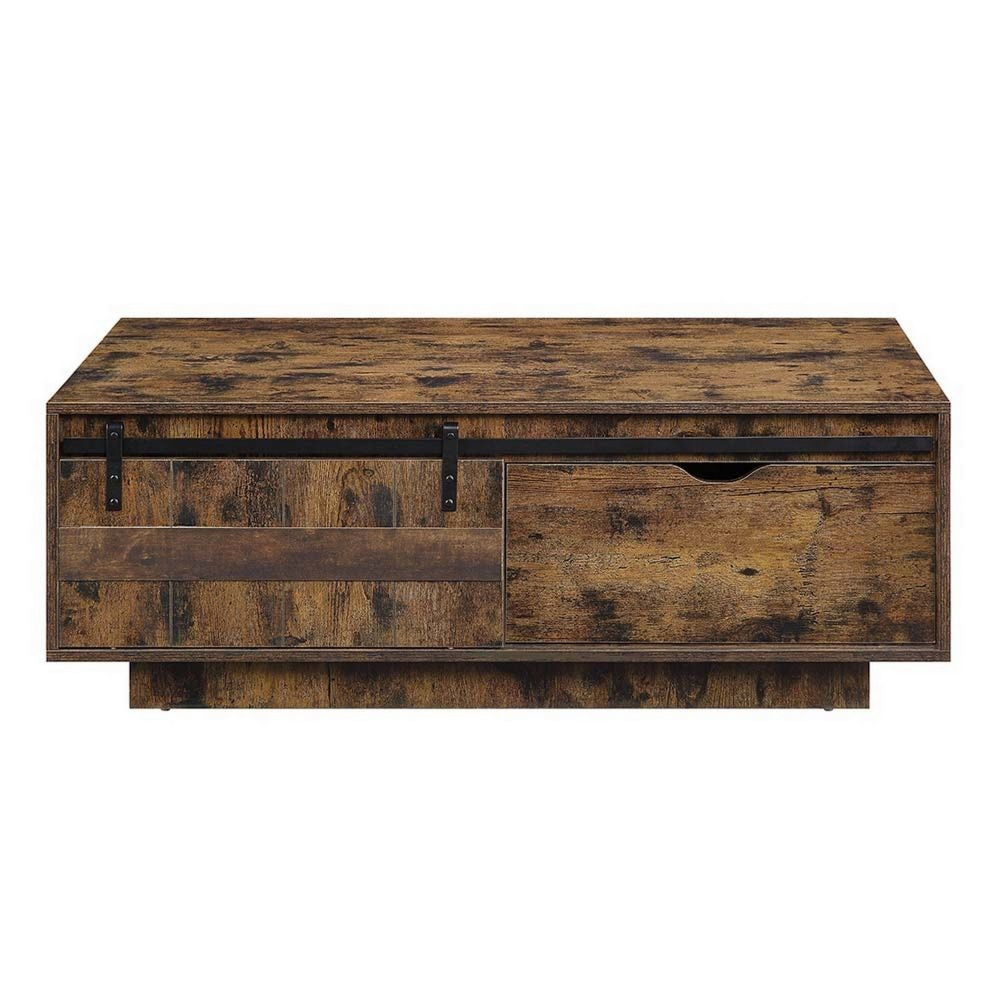 Rick 47 Inch Rustic Oak Coffee Table Sliding Barn Door Single Drawer By Casagear Home BM296807