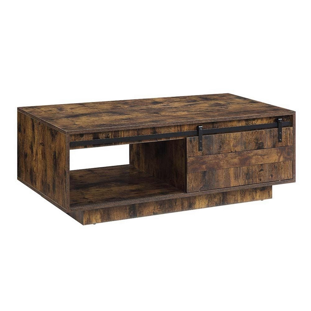 Rick 47 Inch Rustic Oak Coffee Table Sliding Barn Door Single Drawer By Casagear Home BM296807