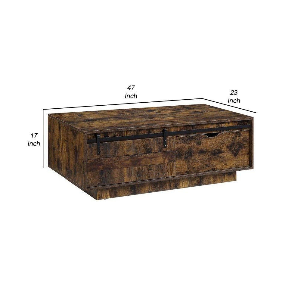 Rick 47 Inch Rustic Oak Coffee Table Sliding Barn Door Single Drawer By Casagear Home BM296807