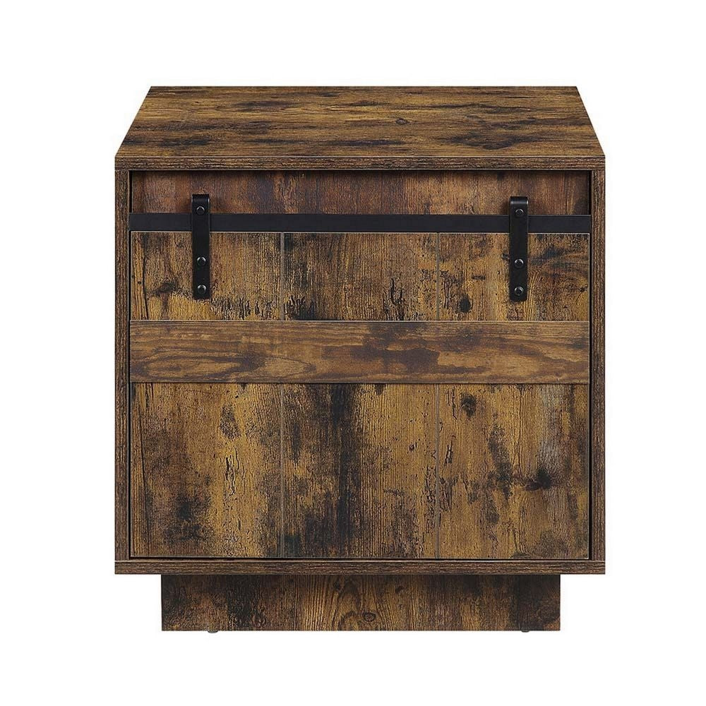 Rick 22 Inch Farmhouse Side End Table Barn like Door Rustic Oak Finish By Casagear Home BM296808