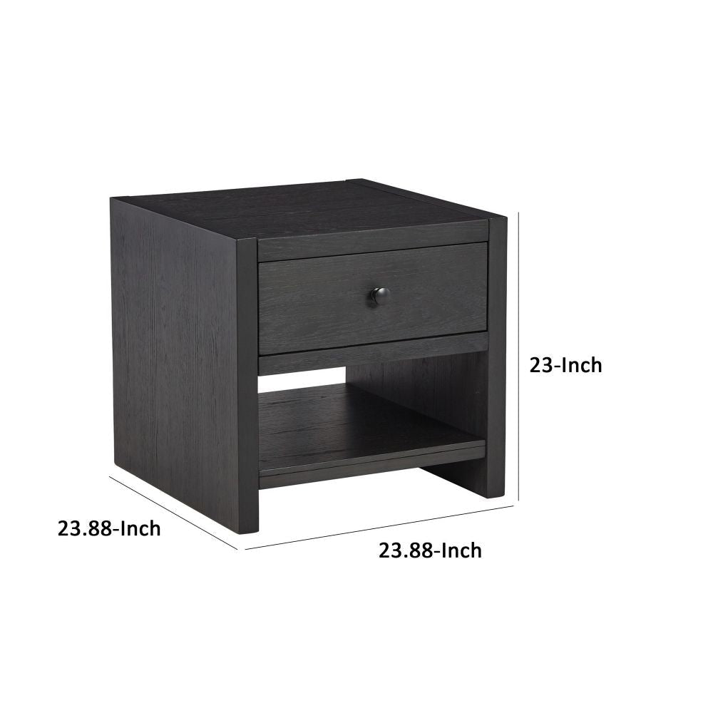 24 Inch Square Side End Table Wire Brushed Black Wood Single Drawer By Casagear Home BM296906