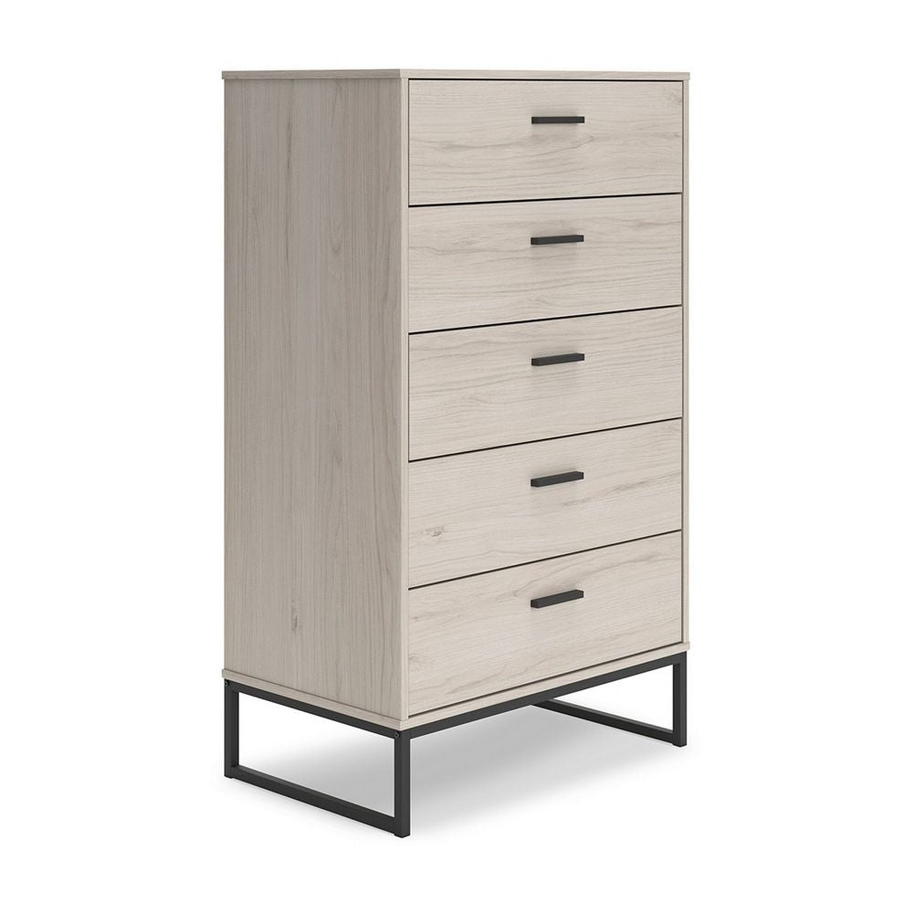 Zed 51 Inch 5 Drawer Chest, Natural Beige Wood Frame, Black Metal Base By Casagear Home