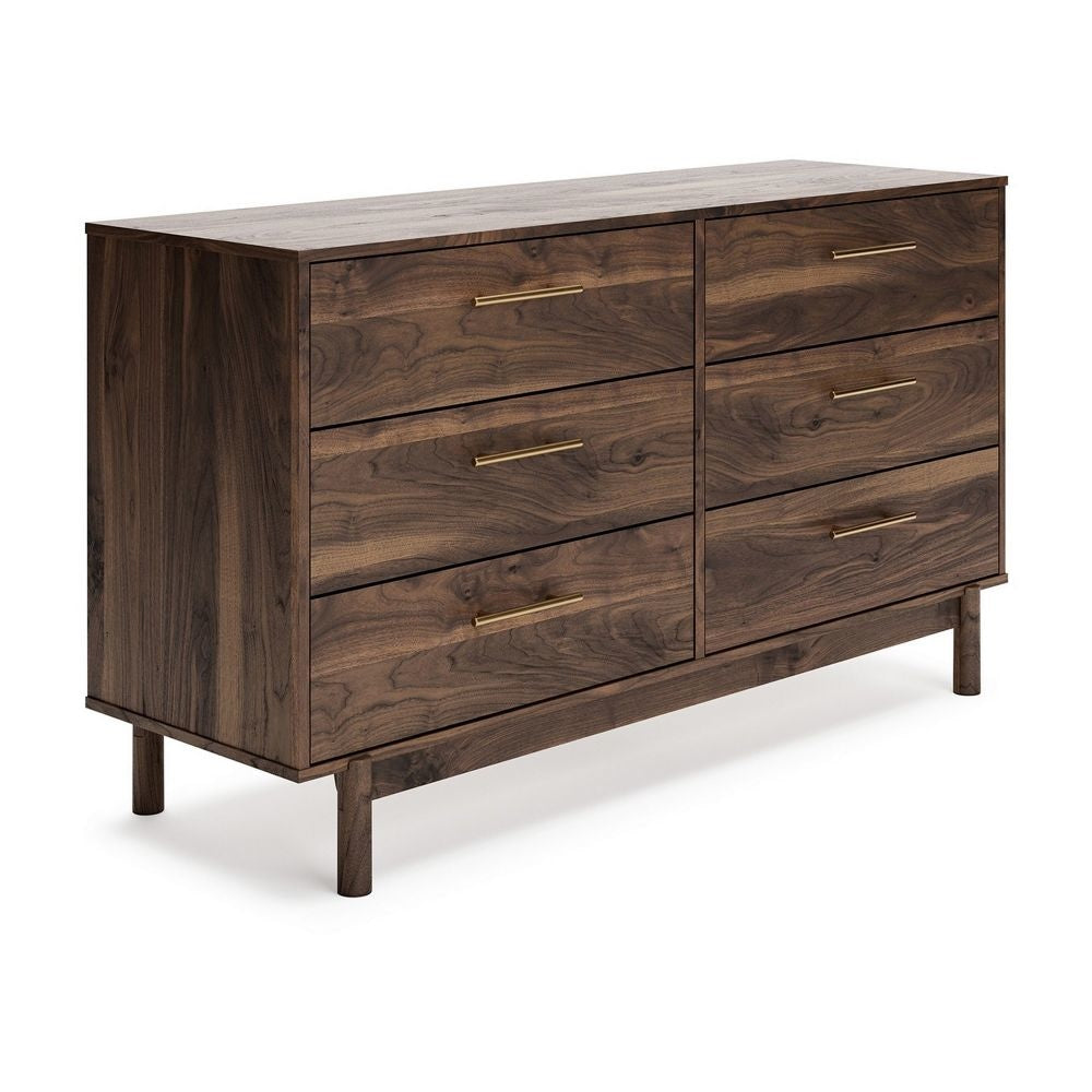 Kip 59 Inch Modern Dresser, Brown Wood Frame, 6 Drawers, Gold Metal Handles By Casagear Home