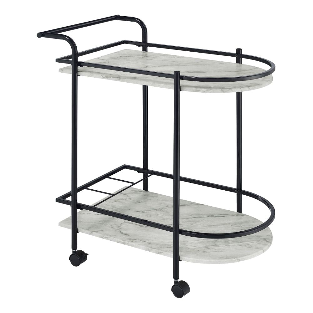 Rhea 32 Inch Bar Cart Trolley, U Shaped Tray, Faux Marble Shelves, Black By Casagear Home