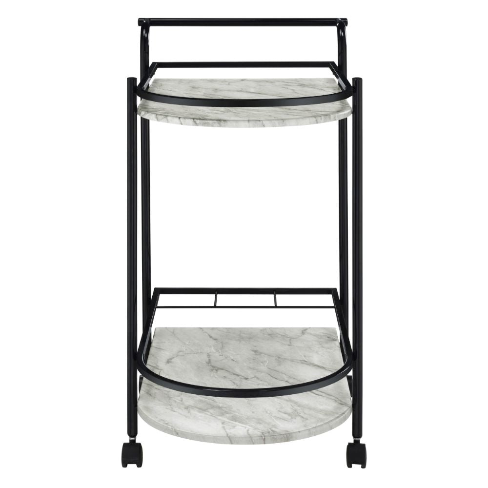 Rhea 32 Inch Bar Cart Trolley U Shaped Tray Faux Marble Shelves Black By Casagear Home BM297176