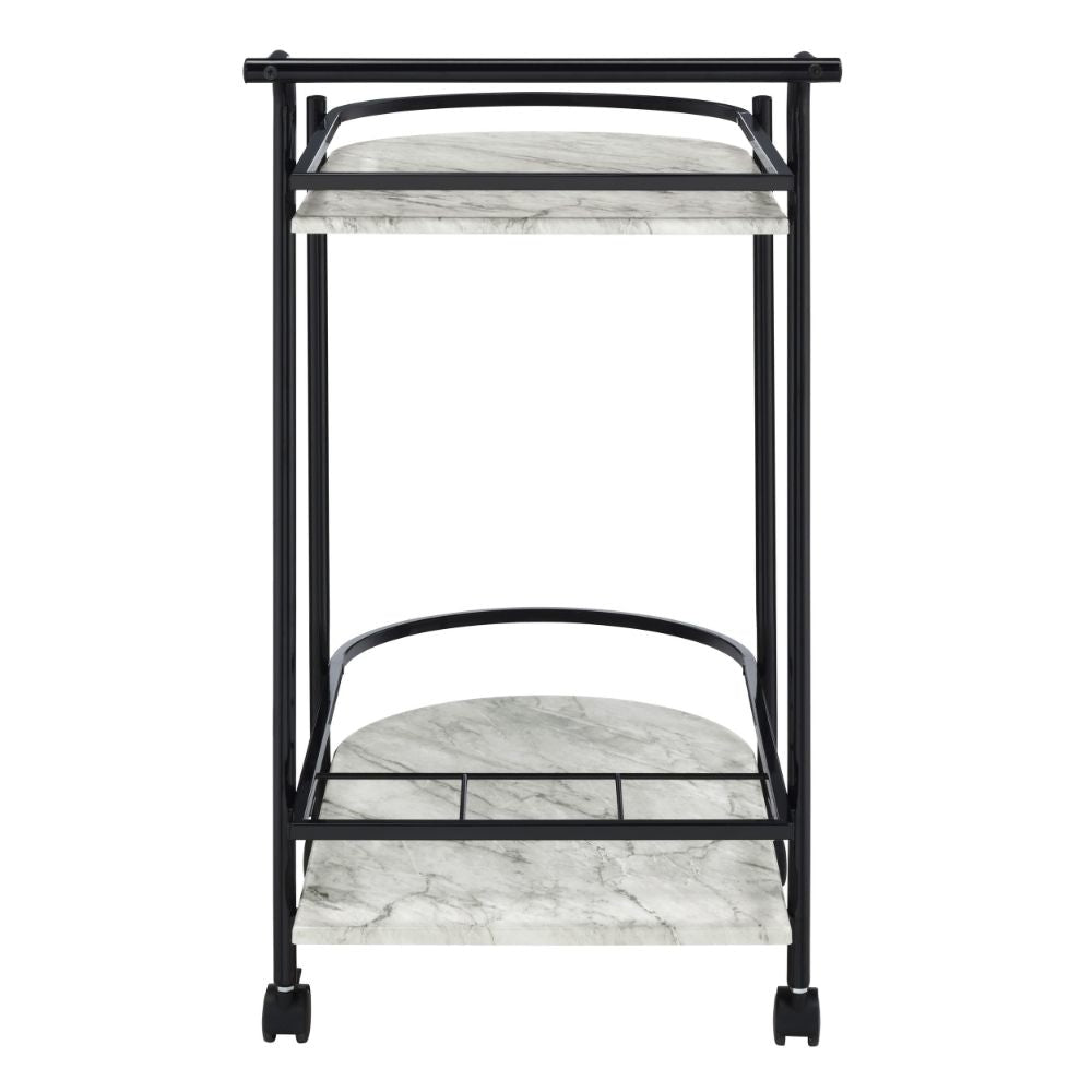 Rhea 32 Inch Bar Cart Trolley U Shaped Tray Faux Marble Shelves Black By Casagear Home BM297176