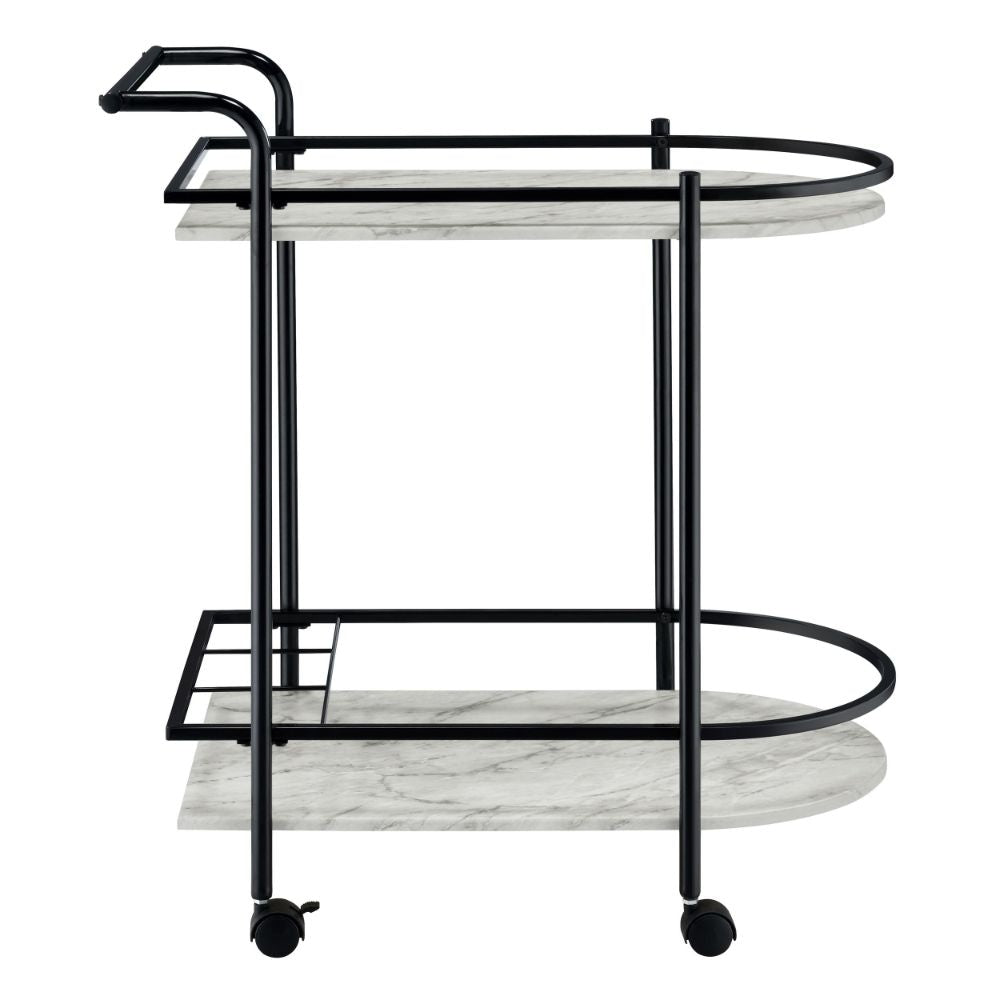 Rhea 32 Inch Bar Cart Trolley U Shaped Tray Faux Marble Shelves Black By Casagear Home BM297176