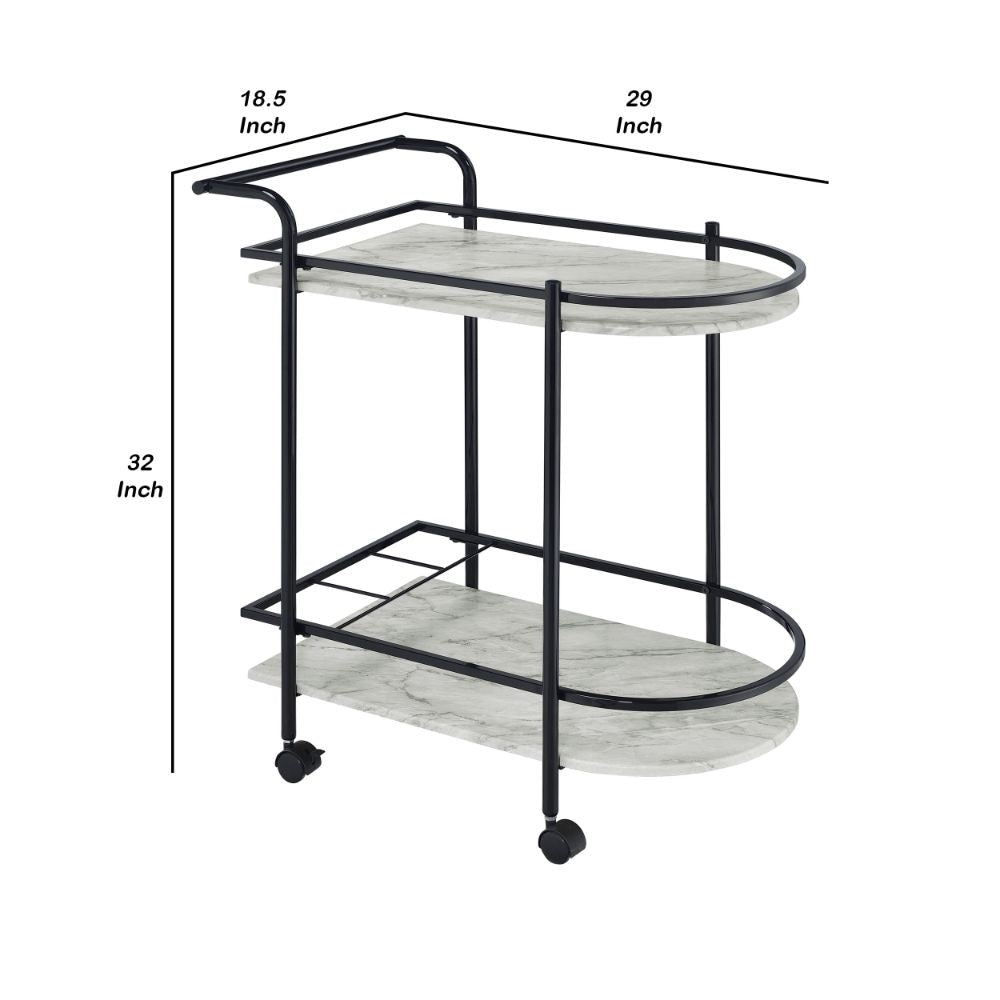 Rhea 32 Inch Bar Cart Trolley U Shaped Tray Faux Marble Shelves Black By Casagear Home BM297176