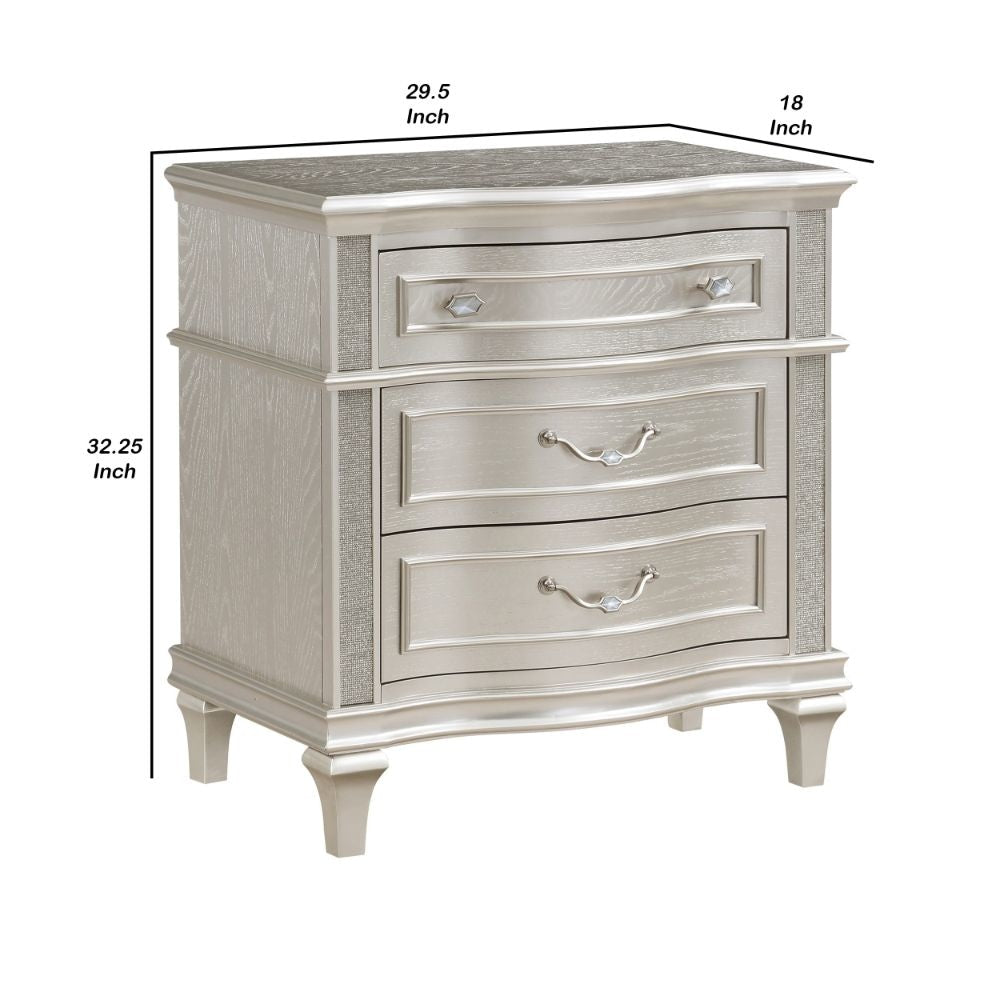 Inz 32 Inch 3 Drawer Nightstand Elegant Trim Details Silver Finish By Casagear Home BM297261