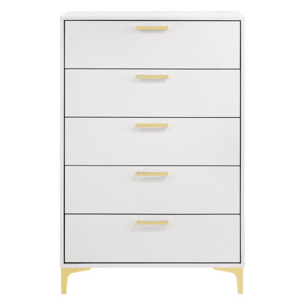 Lif 50 Inch Modern 5 Drawer Tall Dresser Chest Gold Accents Smooth White By Casagear Home BM297269