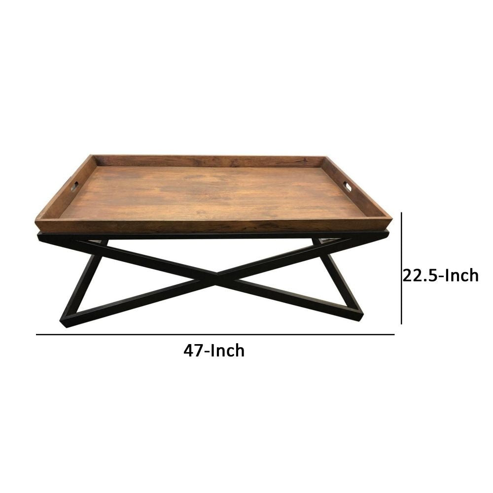 47 Inch Modern Coffee Table Square Wood Tray Top X Framed Black Iron Base By Casagear Home BM297296