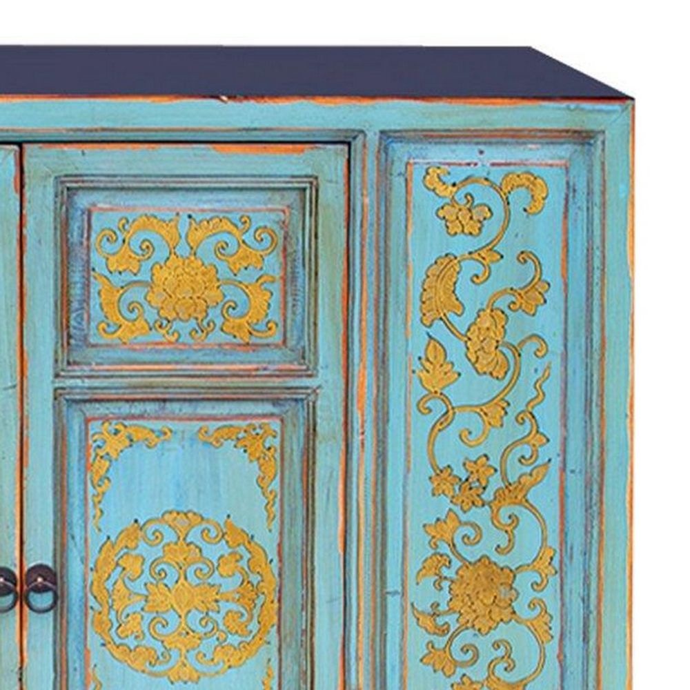 Florentine 43 Inch Vintage Sideboard Buffet Cabinet 2 Door Teal and Gold By Casagear Home BM297309