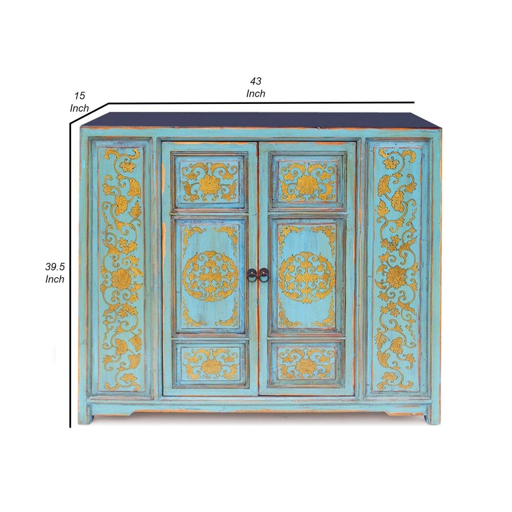 Florentine 43 Inch Vintage Sideboard Buffet Cabinet 2 Door Teal and Gold By Casagear Home BM297309