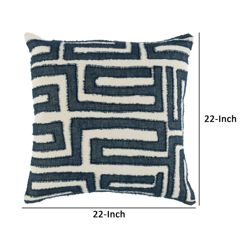 22 Inch Square Accent Throw Pillow Hand Stitched Applique in Blue Ivory By Casagear Home BM297343