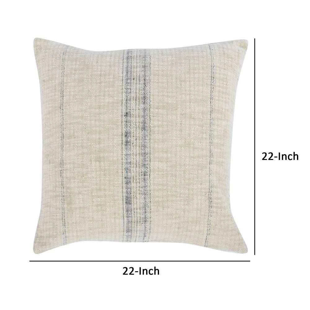 Tia 22 Inch Square Accent Throw Pillow with Woven Black Stripe Beige Linen By Casagear Home BM297384