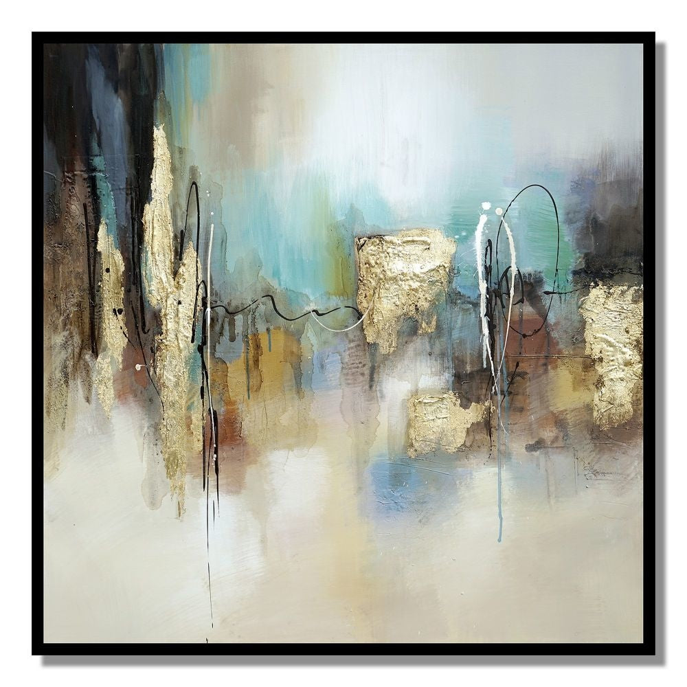 47 x 47 Hand Painted Abstract Design, Gold Foil, Black Frame, Blue, Gold By Casagear Home