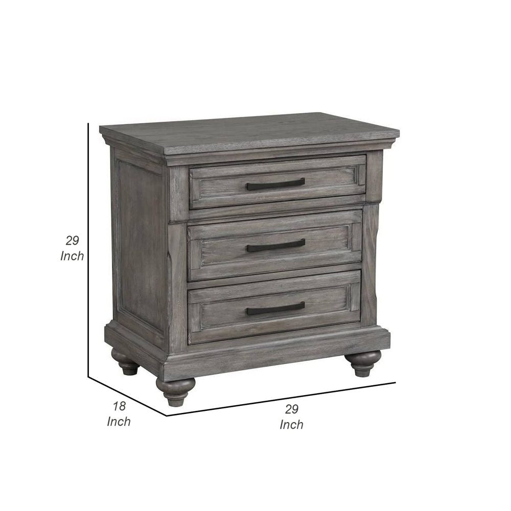 Demi 29 Inch Wood Nighstand with 3 Drawers Metal Bar Handles Oak Gray By Casagear Home BM298949