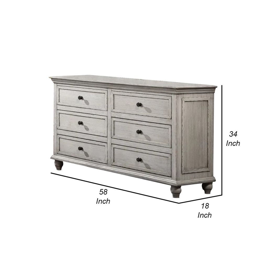 Zea 58 Inch Wood Dresser 6 Drawers with Black Knobs Turnip Legs Gray By Casagear Home BM298956