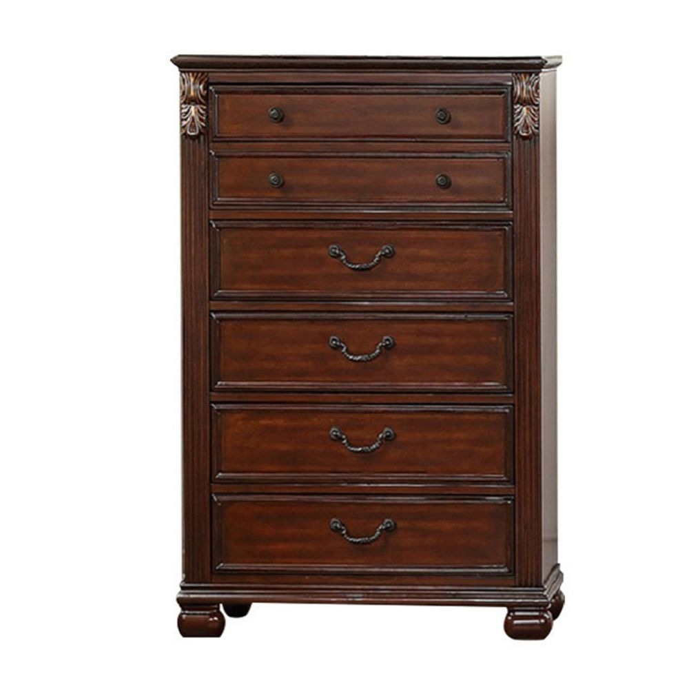 Miri 51 Inch 6 Drawer Tall Dresser Chest, Brass Carved, Cherry Oak Brown By Casagear Home