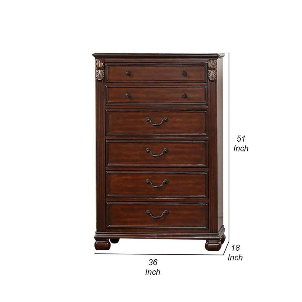 Miri 51 Inch 6 Drawer Tall Dresser Chest Brass Carved Cherry Oak Brown By Casagear Home BM298963