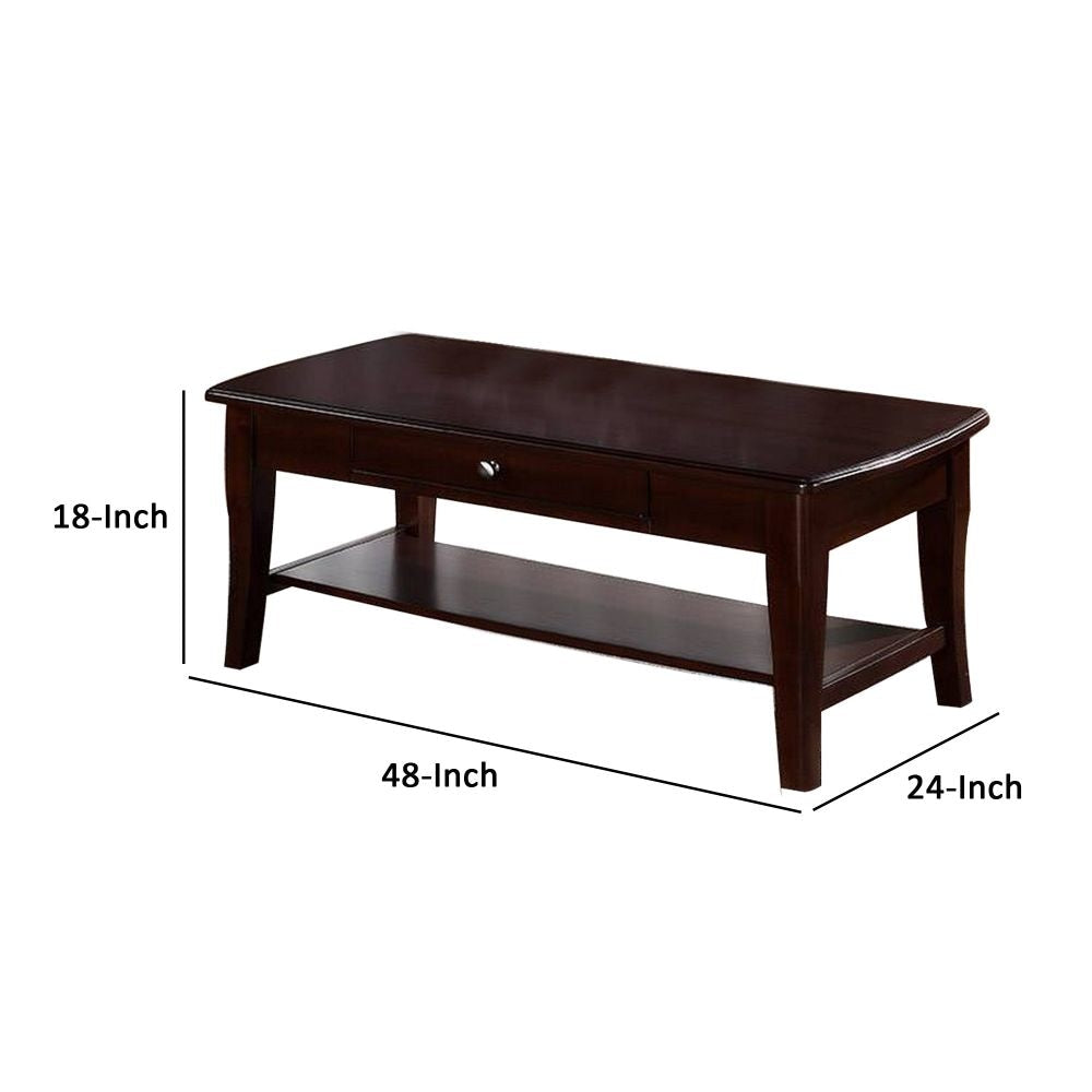 Jett 48 Inch Wood Coffee Table with 1 Drawer Bottom Shelf Cherry Brown By Casagear Home BM298975