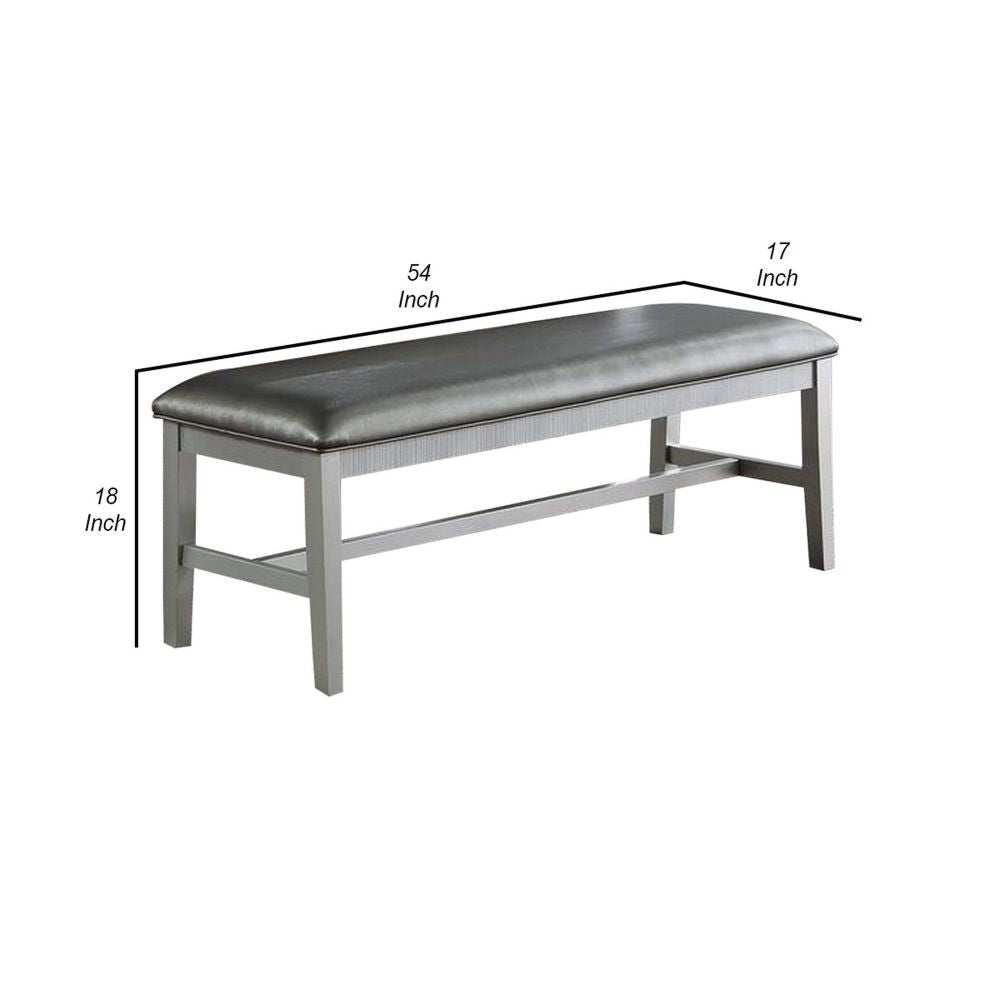 Joy 54 Inch Luxury Dining Bench Silver Padded Metallic Gray Faux Leather By Casagear Home BM299017