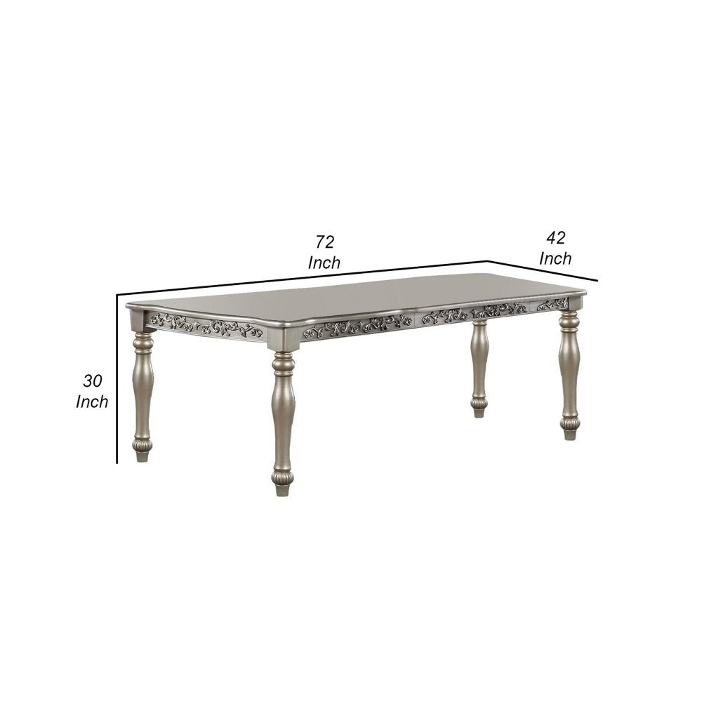 Kipp 72 Inch Rectangular Dining Table Floral Carved Turned Legs Champagne By Casagear Home BM299025